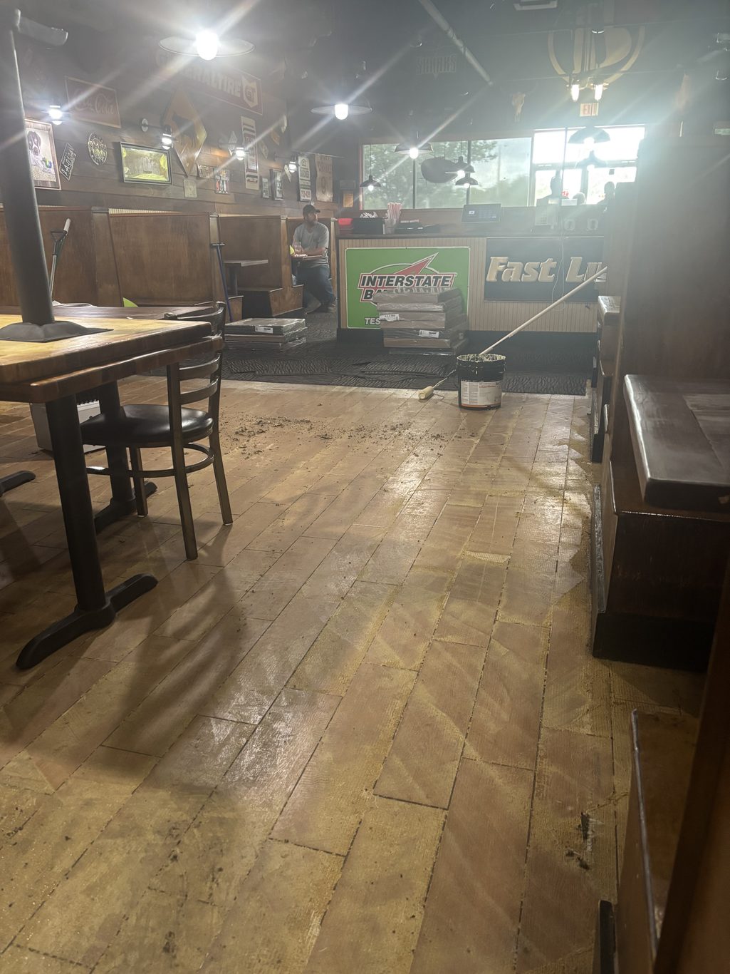 What a floor looks like after the removal of the old carpet.